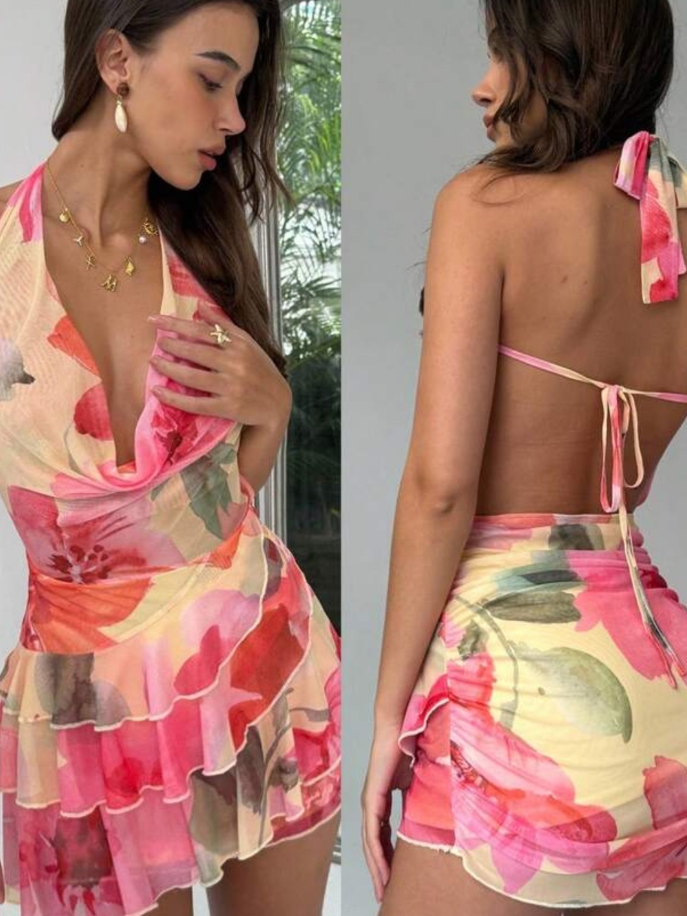 Floral Backless Halter Mini Dress in Pink & Cream